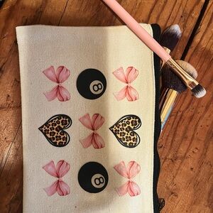 Cream and Pink Accessory Bag with Bows and cheetah Heart 8 Ball with Zipper